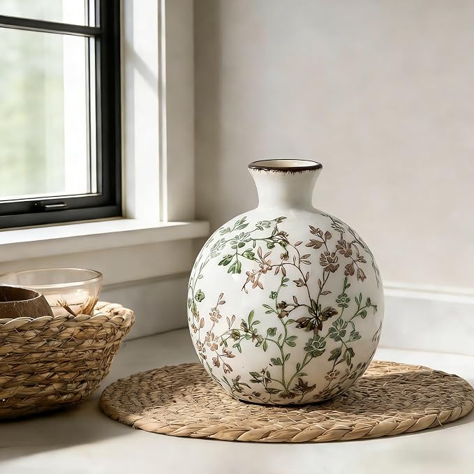 5.98" Ceramic Flower Decorative Antique Vase, Vintage Rustic Chinoiserie Floral Vase for Home Decor, Living Room, Bookshelf, Office, Entryway, Garden, Tuscan Decor, Chinoiserie Decor