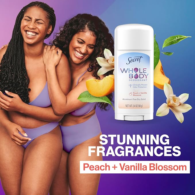 Secret Whole Body Deodorant Stick for Women, Naturally Derived Ingredients, Peach & Vanilla Scent, Aluminum Free Deodorant Stick, 72 HR Odor Protection, 2.4 oz