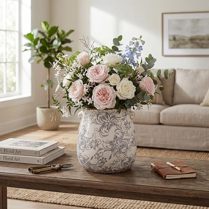 Ceramic Scroll Planter 6.5 Inch Chinoiserie Floral Vase with Drainage Holes Vintage Flower Vase Flower Pot Rustic Ceramic Pots for Indoor Plants Garden Home Bookshelf Decor(Gray Camellia)