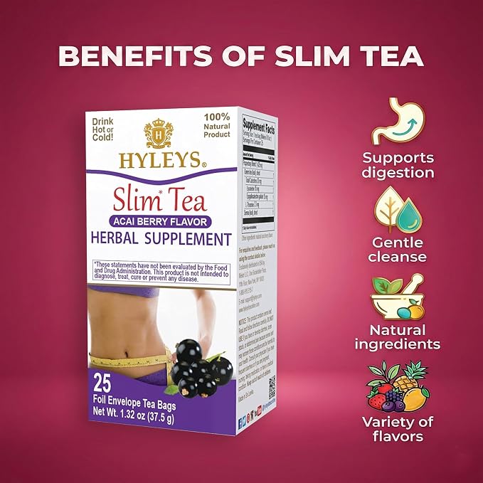 Hyleys Slim Tea Acai Berry Flavor - Weight Loss Herbal Supplement Cleanse and Detox - 25 Tea Bags (12 Pack)
