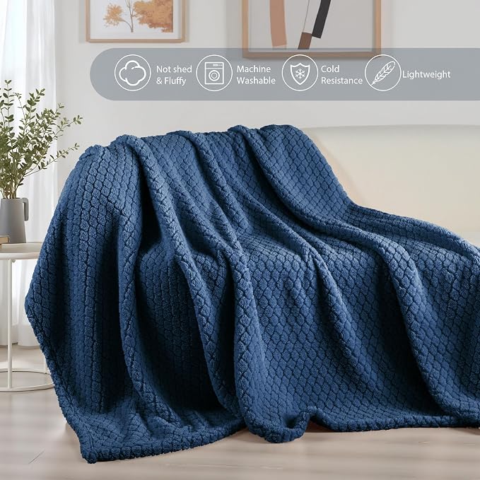 Exclusivo Mezcla Soft Fleece Twin Size Blanket for Bed, Navy Blue | Jacquard Lightweight Cozy Bed Blanket, Breathable Decorative Fuzzy Textured All Season Use, 60x80 Inches