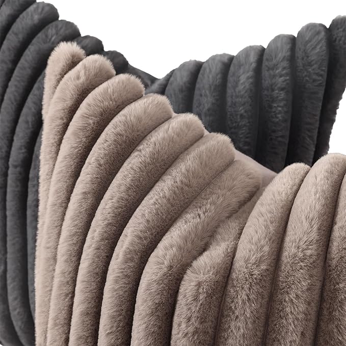 decorUhome Fall Faux Fur Throw Pillow Covers 18x18 Set of 2 Dark Grey | Decorative Soft Cozy Striped Plush Modern Farmhouse Boho Couch Pillow Cases Velvet Back for Sofa Bed Living Room Home Decor