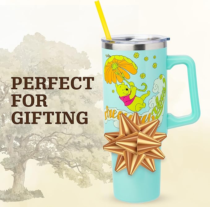 Silver Buffalo Disney Winnie the Pooh “Dreamy Days” Retro Art Double Walled Stainless Steel Tumbler with Handle and Straw, Fits in Standard Cup Holder, 40 Ounces