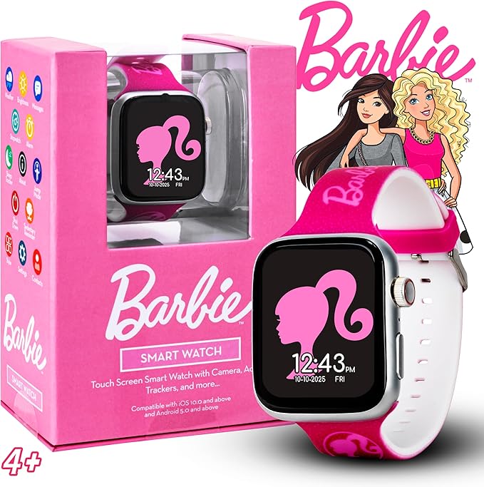 Barbie Kids Smart Watch – Touchscreen Smartwatch with Camera, Activity Trackers, Pedometer, Music, Stopwatch, and Glitter Silicone Strap – Fits Wrists from 5.5" to 8"