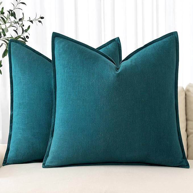 MIULEE Decorative Linen Pillow Covers 20x20 Inch Teal Blue | Boho Farmhouse Neutral Couch Throw Pillows for Bed, Pack of 2 Accent Modern Pillowcases, Sofa Livingroom Home Decor