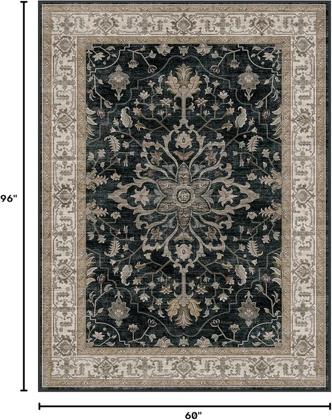 RELEANY Area Rugs 5'x8' Washable Non-Slip, Floral Vintage Distress Medallion Carpet for Living Room Bedroom Dining Room, Vintage Black Brown Neutral