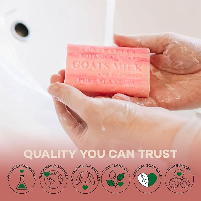 Australian Botanical Soap Goats Milk and Raspberry – Triple Milled 6.6 oz Bar Soap with Shea Butter, Face Hand & Body Soap Bars, Pack of 4