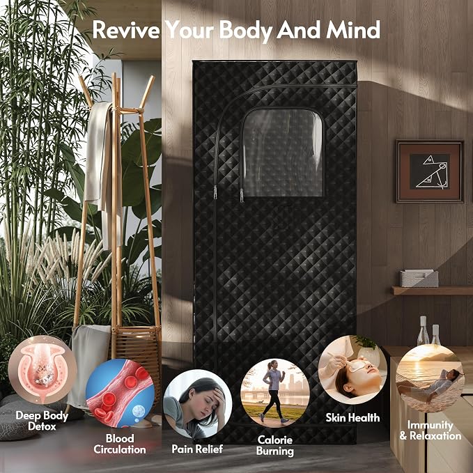 ENSTVER Home Sauna 6FT Compact 1 Person，1200W Steam Fast Heating Sauna，Indoor Saunas Room with Foldable Chair