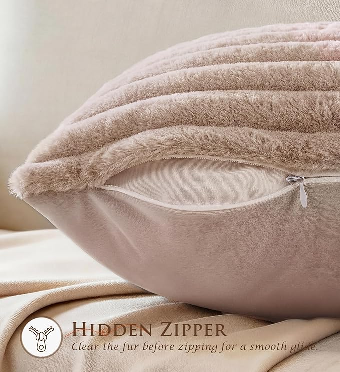 Pack of 2 Throw Pillow Covers 20x12 Decorative Solid Plush Faux Fur with Soft Velvet Back, Square Striped Cushion Cases Modern Farmhouse Home Decor for Living Room Couch Sofa Bed Apricot