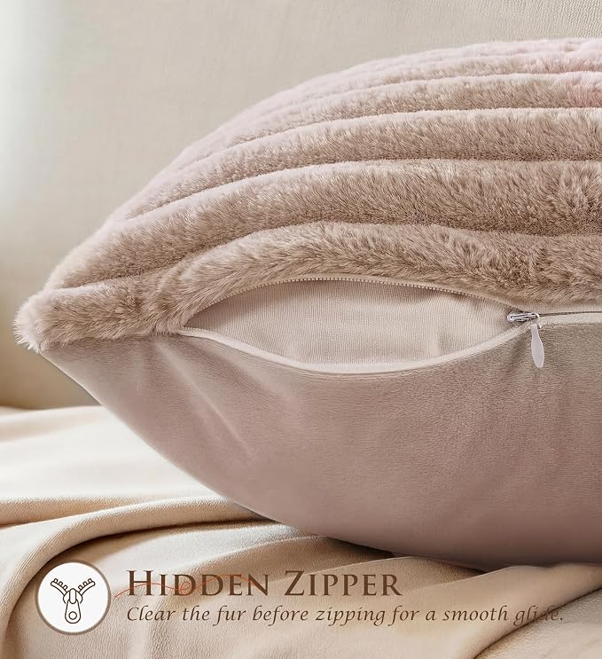 Pack of 2 Throw Pillow Covers 18x18 Decorative Solid Plush Faux Fur with Soft Velvet Back, Square Striped Cushion Cases Modern Farmhouse Home Decor for Living Room Couch Sofa Bed Apricot