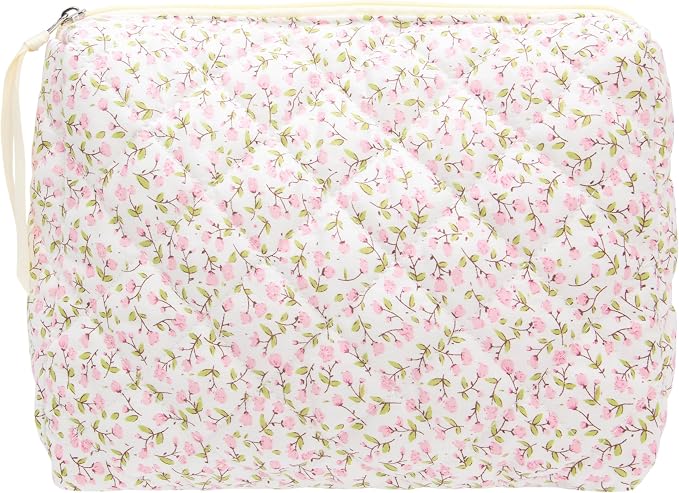 Quilted Makeup Bag Large Travel Zipper Soft Cosmetic Pouch for Women Girls Make Up,Floral Pink
