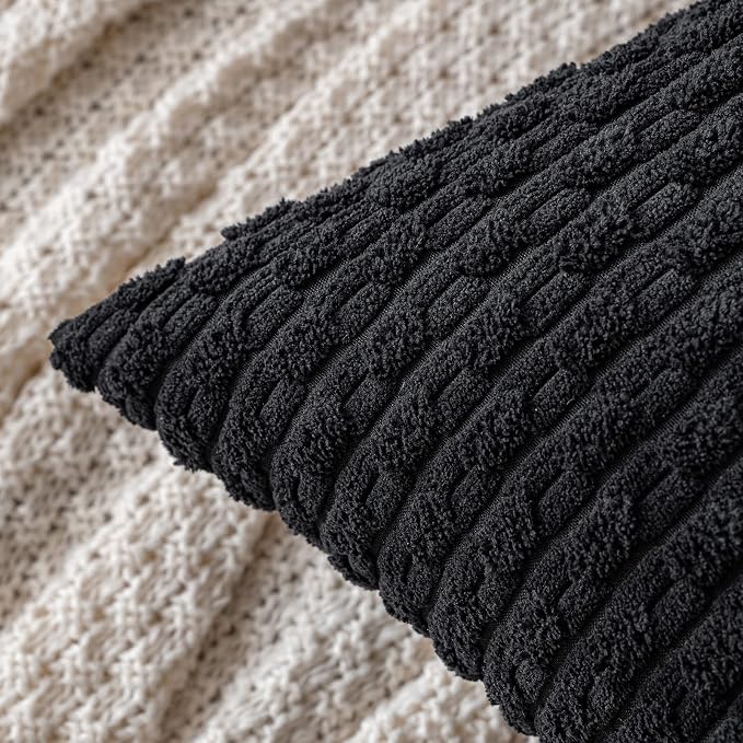 MIULEE Decorative Throw Pillow Covers 18x18 Black Textured Corduroy | Pack of 2 Striped Pillow Covers Modern Farmhouse Home Decor for Couch Bed Sofa Living Room