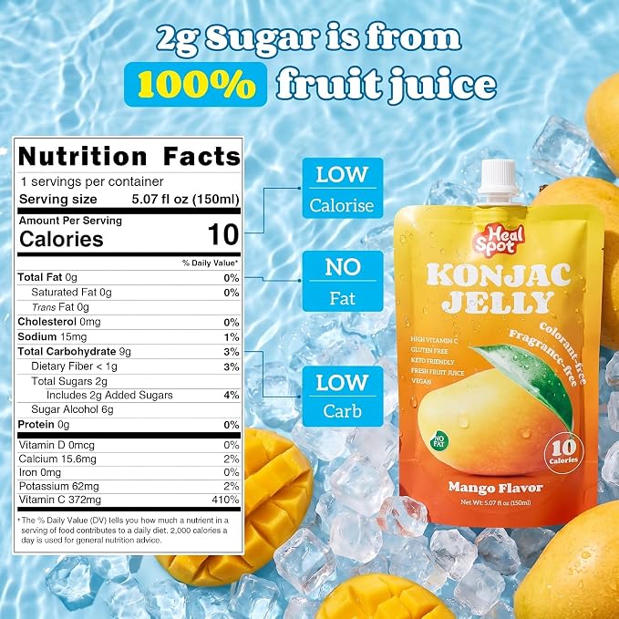 Healspot Real Fruit Juice Snacks Konjac Jelly with Collagen Peptides and Vitamin C, No Artificial Sweetener, Low Calories|Gluten Free|Keto Friendly, Healthy Korean Snacks 10 Pouches Mango Flavor
