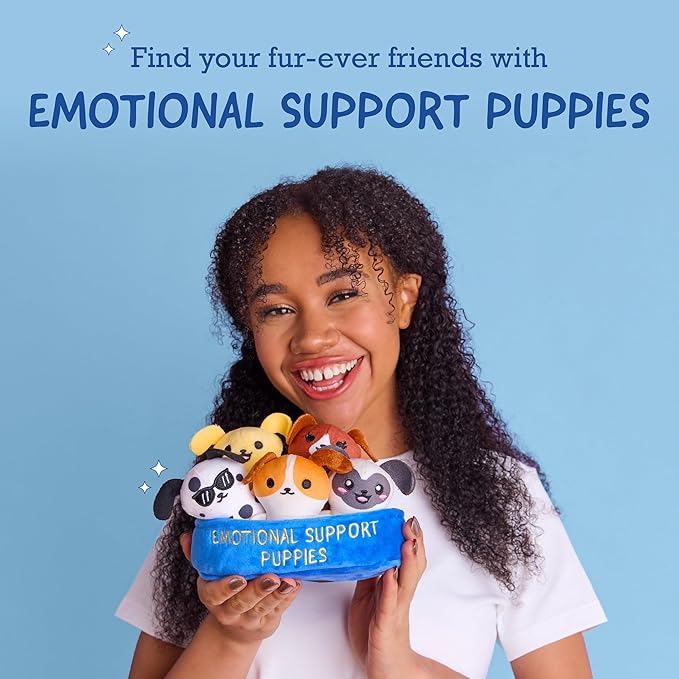 WHAT DO YOU MEME? Emotional Support Puppies by Relatable, Cuddly Stuffed Animals, Plushies, and Cute Stuff, Great Gift Ideas for Loved Ones of All Ages, Includes 5 Plushies with Carrying Basket