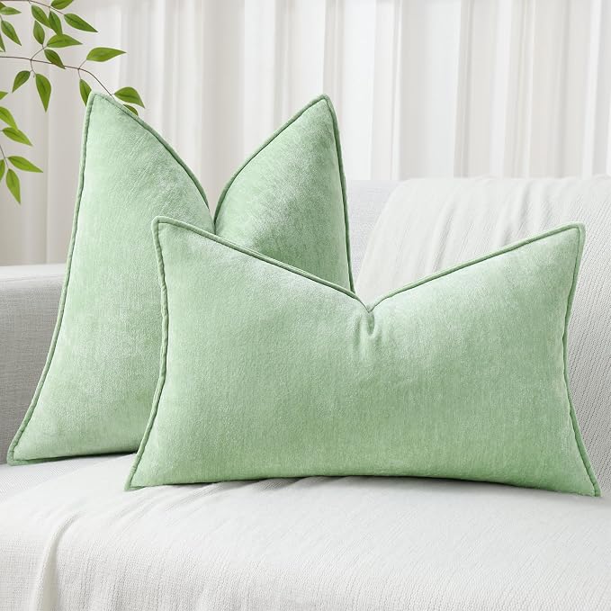 decorUhome Chenille Sage Green Velvet Throw Pillow Covers 24x24 Set of 2 | Fall Soft Euro Sham Couch Decorative Modern Farmhouse Pillow Cases with Elegant Design for Sofa Bed Living Room Home Decor