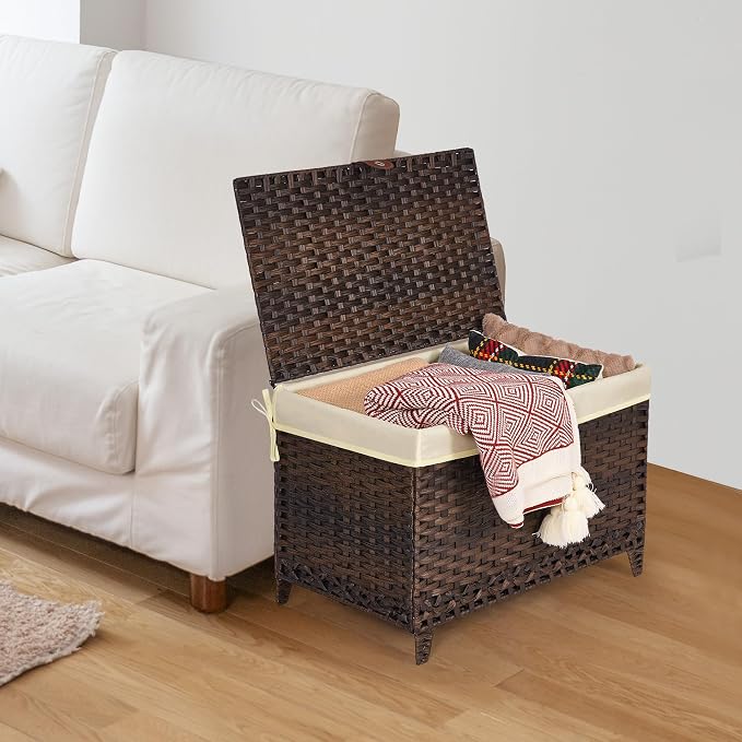 Wicker Storage Basket with Lid, 105L Shelf Basket with Removable Liner Bag | Rattan-Inspired Woven Design, Elevated Feet, Storage Trunk for Wardrobe, Bedroom & Home Organization