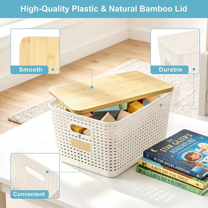 2 Pack Tall Plastic Storage Bins with Bamboo Lids, 10.8qt Stackable Storages Baskets for Organizing Desktop Closet Playroom Classroom Office, 12"L x 8.3"W x 6.1"H, Cream White