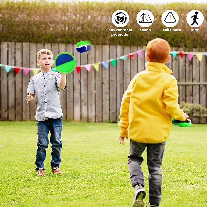 Kids Toys Toss and Catch Game Set, Waterproof Green Set，Ball Sports Games with 4 Paddles 4 Balls and 1 Storage Bag, Classic Outdoor Games, Beach Games, Yard Games Suitable for Kids Gift Ideal