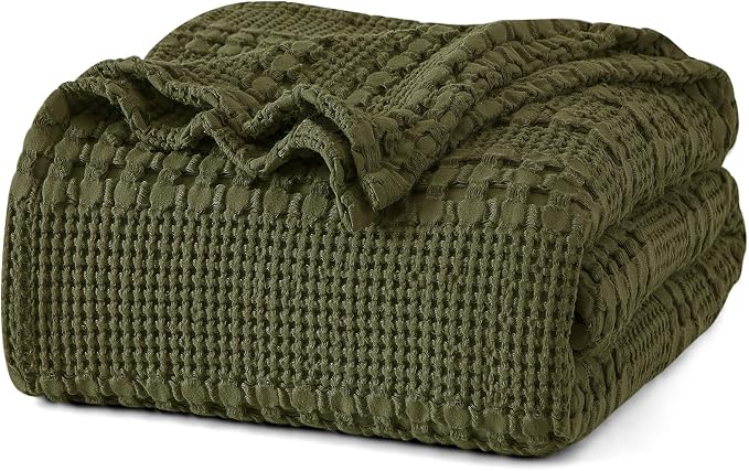 PHF 100% Cotton Waffle Weave Blanket King Size, Lightweight Breathable Summer Blanket for Hot Sleepers, Pre-Washed Soft Layer for Bed, Couch, Home Decor Gift, 108"x90", Capulet Olive