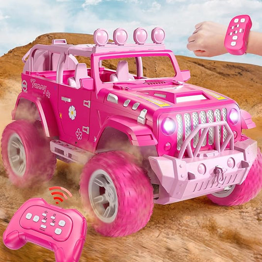 JUKUDAHU Pink Remote Control Car for Girls 4-7, 2.4GHz Off-Road RC Jeep with Spray, Climbing Toy for Girls Aged 3-4 5-6 7-8 9-10, Remote Control Vehicle Gift for Birthday Christmas Toys