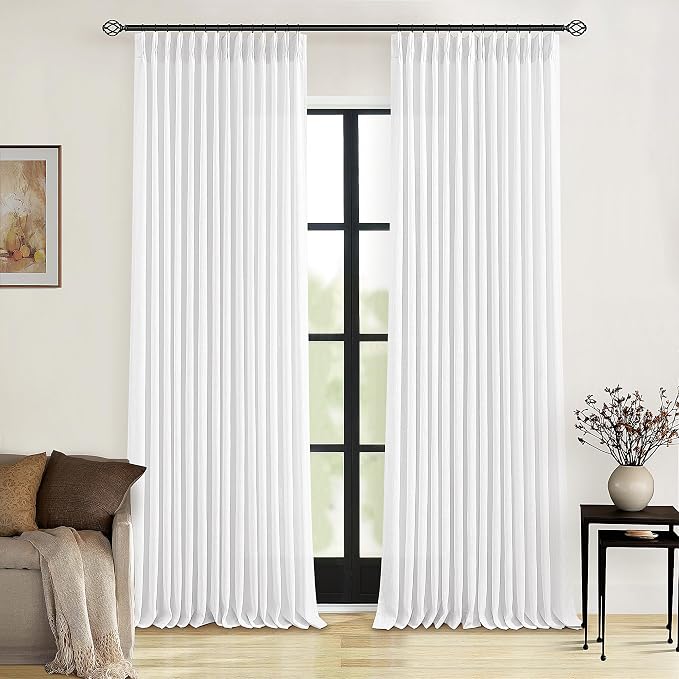 Pleated Linen Curtains 86 Inches Long for Living Room Pinch Pleat Hooks for Track System Back Tab Custom Made Memory Shape Drape Light Filtering Snow White Living Room Bedroom Window Curtain 86 Inch