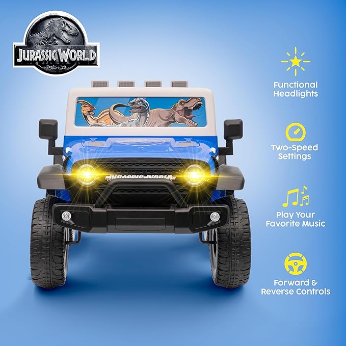 Jurassic - 12V Kids Ride On with Rechargeable Battery, LED Headlights, Press-Button Start, Durable Wheels, Forward & Reverse Drive, Contoured Seat