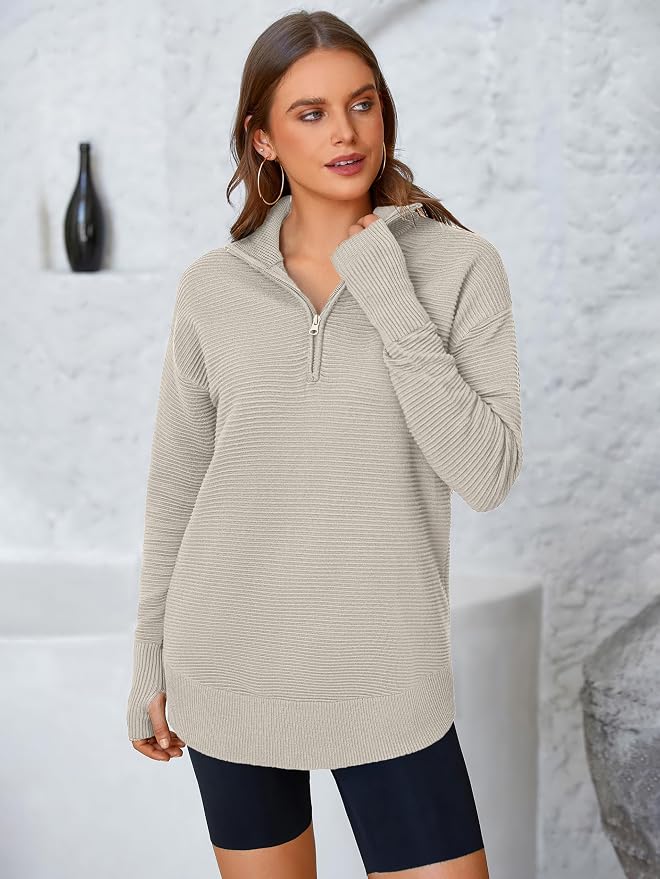 PRETTYGARDEN Womens Long Sleeve Quarter Zip Pullover Sweater Casual Loose V Neck Collared Ribbed Knit Jumper Tops Thumb Hole
