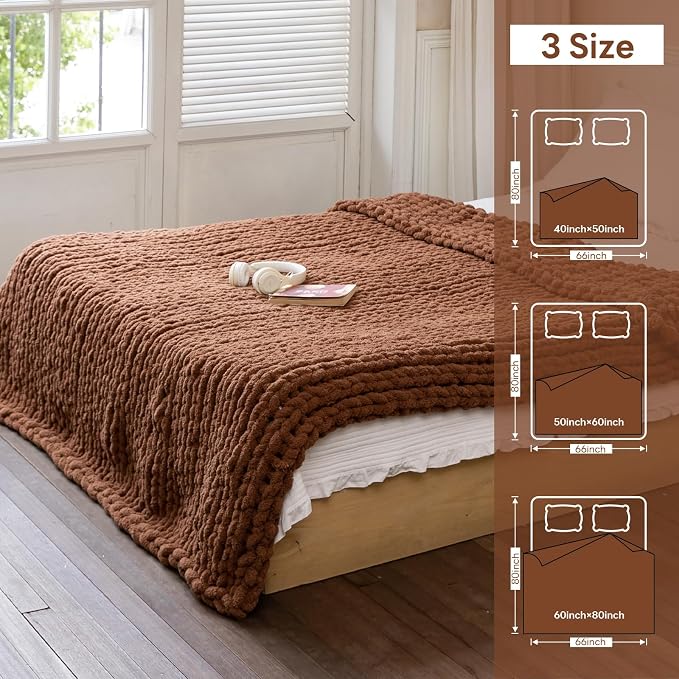 Chunky Knit Blanket - Luxury Soft Cozy 40 * 50 Throw Blanket,100% Woven Blanket Rope Knot Throw Blanket for Couch, Sofa, Home Decor, Gift - Machine Washable (Reddish-Brown, 40 * 50)