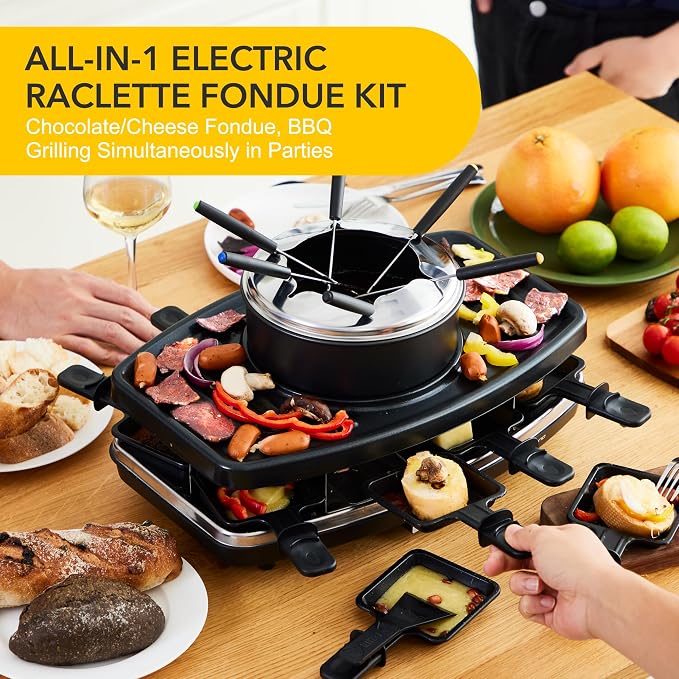 Electric Raclette Grill With Fondue Pot, 1100W Table Grill for 8 Peopl | 3-In-1 Raclette, Fondue And Grill Design, 1100W Heating, 8 Serving Pans, Adjustable Temperature for Indoor Gatherings