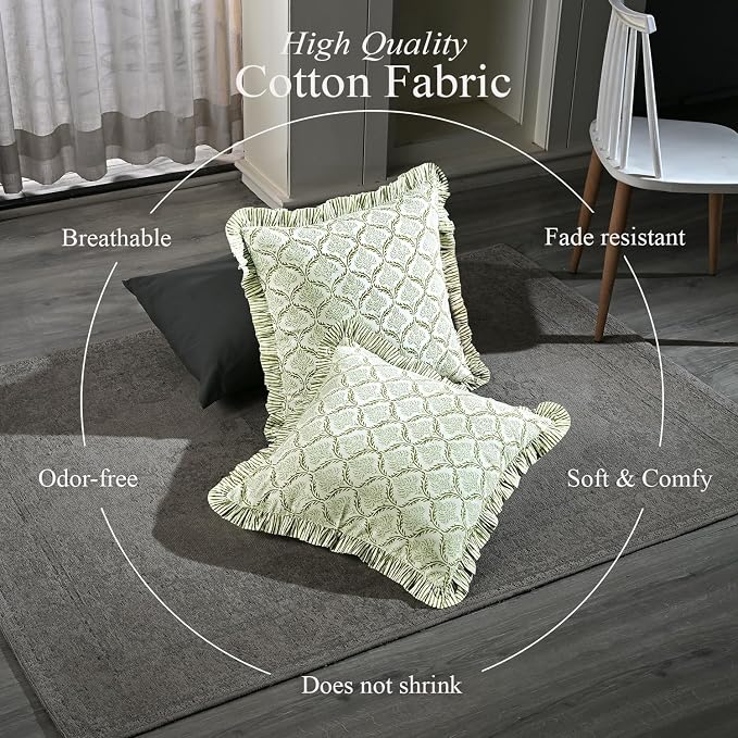 CPC Fern Regal Hand Block Print 100% Cotton Ruffle Throw Pillow Cover 20x20 inch with Hidden Zipper Decorative for Couch, Bed, Sofa, Farmhouse, Cottagecore Decor Gift Christmas Fall Thanksgiving