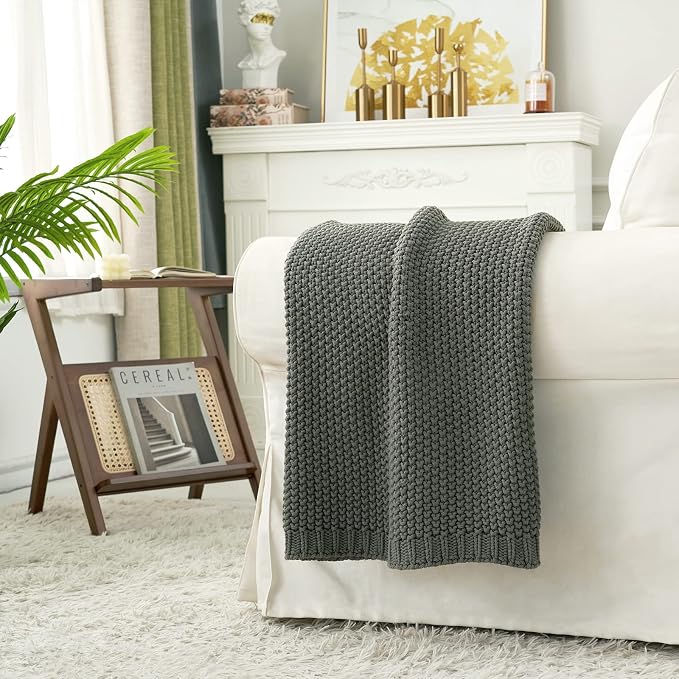 Chunky Cable Knit Throw Blanket Lightweight Grey 100% Organic Cotton Blanket for Sofa Couch Bed Baby Nursery, Rustic Shabby Chic Modern Farmhouse, Gray 51” x 63” Give Laundering Bag