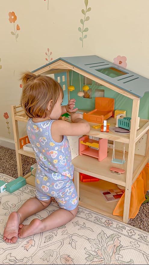 Giant bean Large Wooden Dollhouse with 32 Pcs Furniture Accessories, 3-Story Doll House 5 Rooms Balcony Wooden Stairs, Ideal Dollhouse Toy for Kids Ages 3+, 30" H x 28" L x 13" W