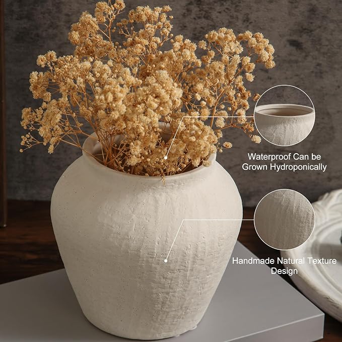 Farmhouse Ceramic Vase - White Rustic Vintage Flower Vase for Home, Living Room, Shelf and Dining Table Decor-6.1IN.