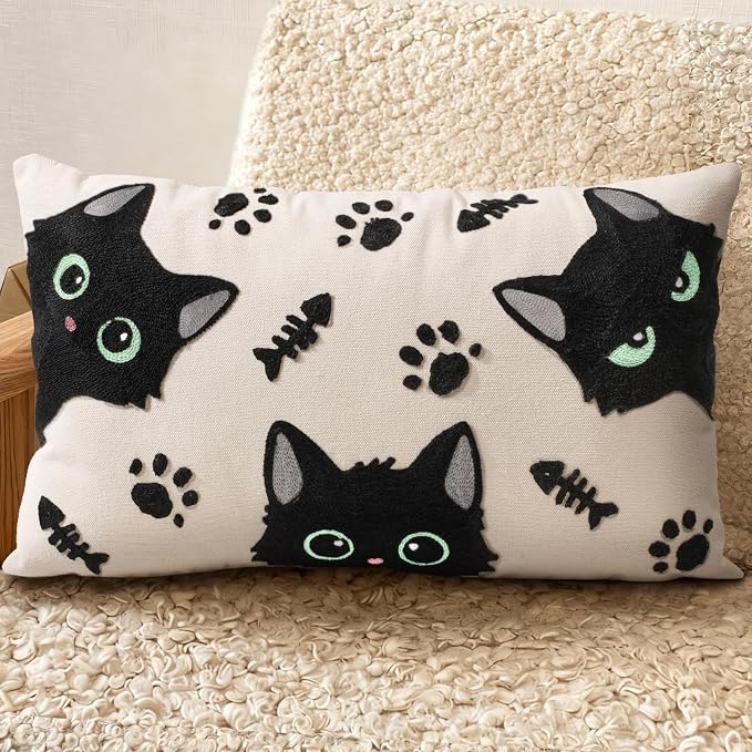 Embroidered Lumbar Pillow Cover 20x12 Inch, Cat Bone | Decorative Throw Pillow Cover, Whimsical Cushion Case with Hidden Zipper, Cottagecore Decor for Couch, Sofa, Living Room
