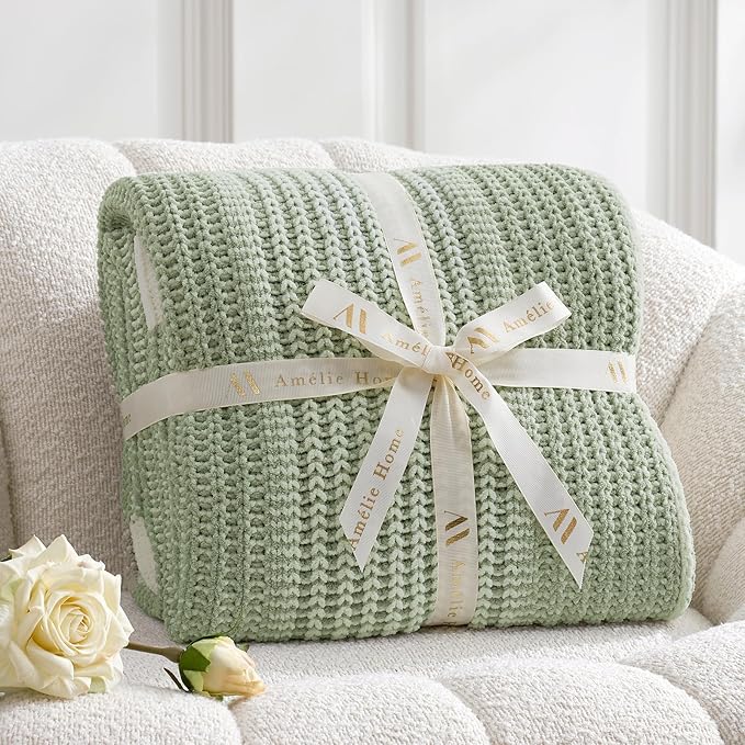 Amélie Home Premium Chenille Throw Blanket, Soft Cozy Luxury Two-Tone Knit Blanket for Couch, Sofa, Chair, Home Decor, Sage Green & Ivory 50"x60"