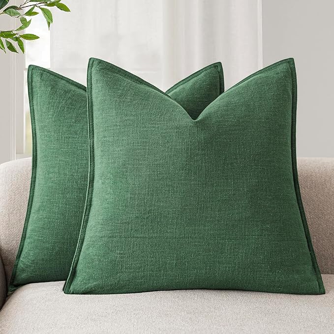 Foindtower Set of 2, Decorative Linen Solid Throw Pillow Covers Soft Accent Euro Cushion Case Farmhouse Neutral Pillowcase for Chair Couch Sofa Bedroom Living Room Home Decor 24 x 24 Inch Pine Green