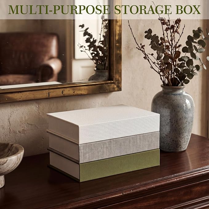 Tioncy 3 Pcs Decor Linen Faux Book Box Set Aesthetic DIY Fake Linen Book Box for Decor Storage Cafe Table Bookshelf Gift Home Keepsake(8.6 x 5.9 x 1.8 Inch,Olive Green)