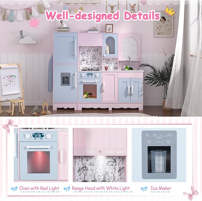 BRINJOY Play Kitchen for Kids, Wooden Kids Kitchen Playset w/Faucet, Sink, Stove, Oven, Window, Cookware, Storage Cabinets, Toddler Role Play Kitchen Pretend Play Toy Set Gift for Girls Boys Ages 3+