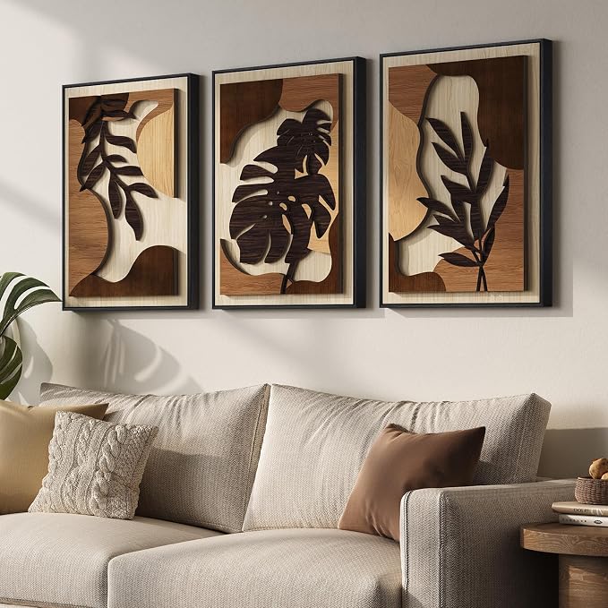 Framed Wood 3D Boho Textured Wall Art Bedroom, 3 Piece Tropical Botanical Carved Wooden Artwork for Walls, Brown Monstera Leaf Wood Wall Art Decor for Living Room Dining Room Home Office, 16x24 Inch