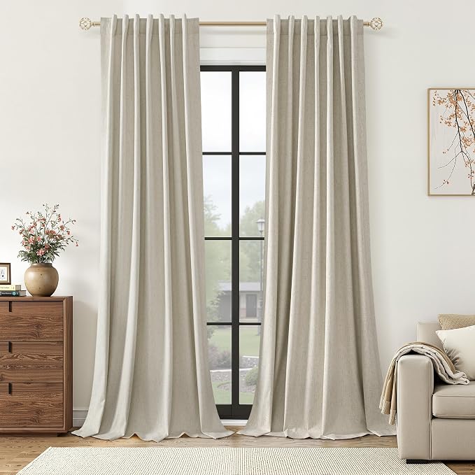 Guken Extra Long 100% Blackout Linen Curtains for Bedroom 102 inches Long, Thermal Insulated Room Darkening Black Out Drapes for Living Room, Back Tab Rod Pocket 2 Panels Set,Eggshell Beige,52x102