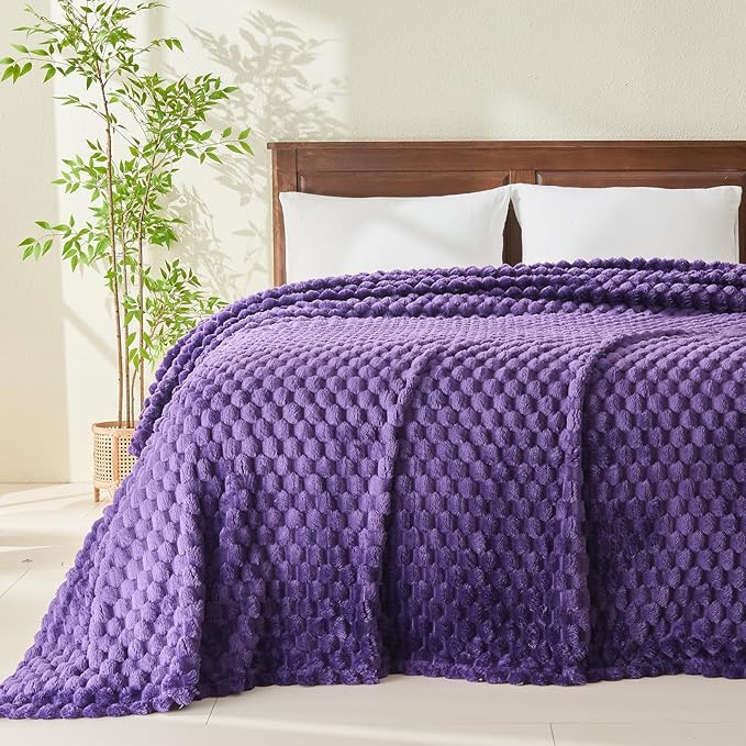 NEWCOSPLAY Super Soft Queen Blanket Purple Premium Silky Flannel Fleece 3D Clouds Stylish Jacquard Lightweight Bed Blanket All Season Use 350GSM (Purple, Queen(90"x90"))