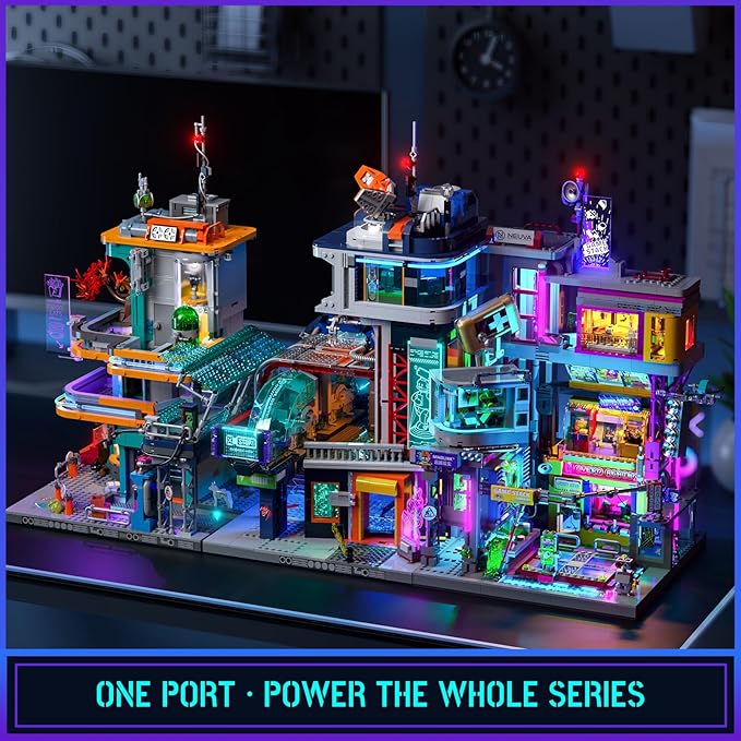 Cyberpunk Floating-Train-Station Lighting-Building-Bricks Set - Cyberpunk City Future Levitation Train Station Street View Collection LED Light Model 2760 Pcs for Adults and Sci-fi Lovers