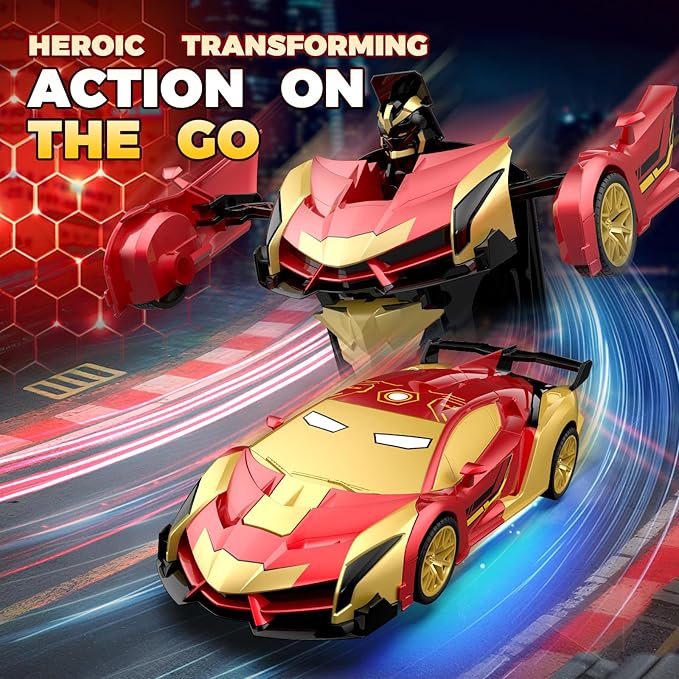 Transform RC Iron Man Cars Robot Toys with Underbody Lights, 2.4GHz Hero Remote Control Car One-Button Deformation, 360°Rotation Robot Car Toys Christmas Birthday Gifts for Kids Age 4 -12(1:18 Scale)