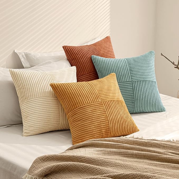 MIULEE Fall Boho Farmhouse Decorative Throw Pillow Covers 18x18 Inch 4 Packs Soft Vintage Pillow Cases Modern Corduroy Patchwork Cushion Covers for Couch Sofa Bed Home Decor, Teal-Rust