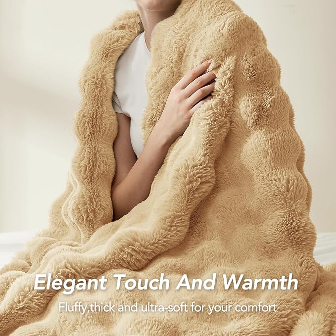 L'AGRATY Faux Rabbit Fur Throw Blanket for Couch, 60''x80'', Milk Tea Brown | Soft Cozy Bubble Fluffy Blanket for Sofa Bed, Thick Warm Plush Fuzzy Throw for Room Home Decor, Luxury Gift for Women Mom