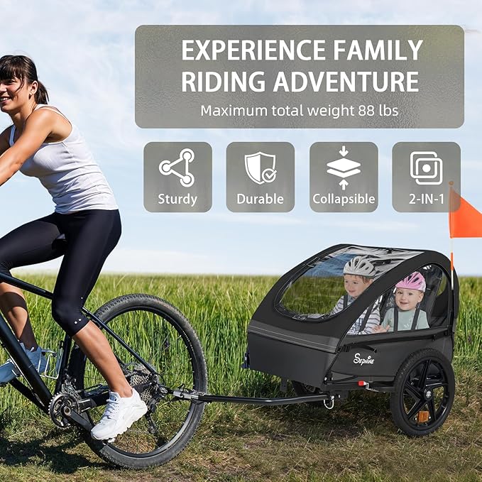 Sepnine Kids Bike Trailer, 2 in1 Canopy Carrier Converts to Stroller Suitable for 1 to 2 Kids, 12+ Months, Quick Attach to Bike, Foldable, with 5-Point Harness and Storage Bags