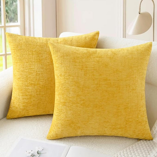 CaliTime Decorative Throw Pillow Covers 18 X 18 Inches Mustard Yellow | Pack of 2, Cozy Chenille Cushion Cases for Sofa Bed Living Room Farmhouse Home