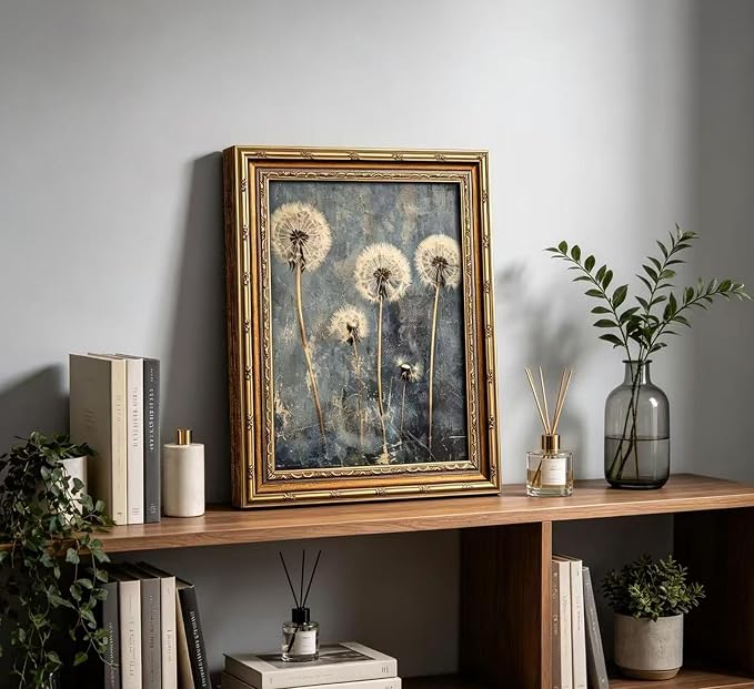 Vintage Gold Framed Dandelion Wall Art Moody Cottagecore Dandelion Painting Canvas Print Gothic Dark Plant Print Poster Wall Decor Retro Moody Plant Floral Poster Artwork for Bedroom Living room