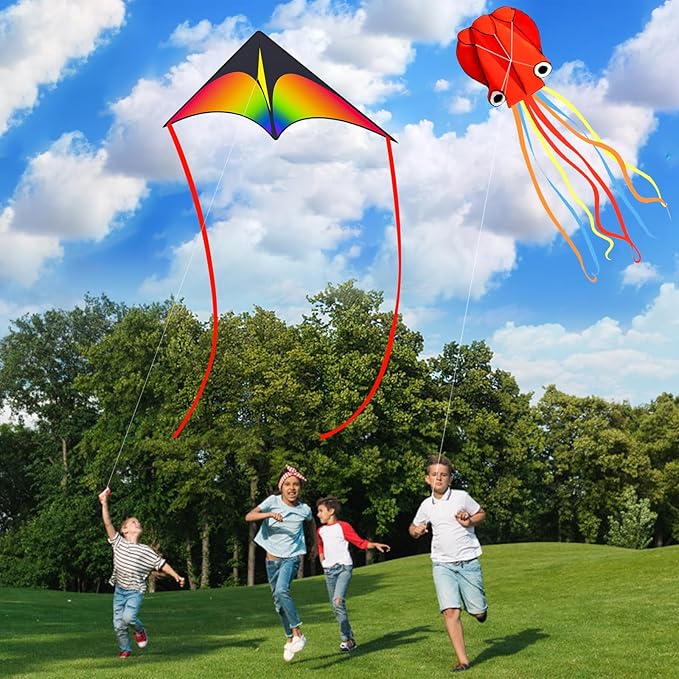 3 Pack Kites, Gifts for Easter, Kite for Kids 4-8 8-12, Puple Butterfly, Colorful Delta and Red Octopus with String Kite for Kids Girls Boys