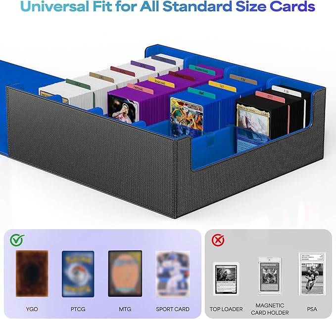 UAONO Trading Card Storage Box, Holds 2400 Sleeved Cards with 24 Dividers & 4 Stoppers, Magnetic Closure PU Leather Card Case for MTG, PTCG, YGO, Sports Cards (Black&Blue)